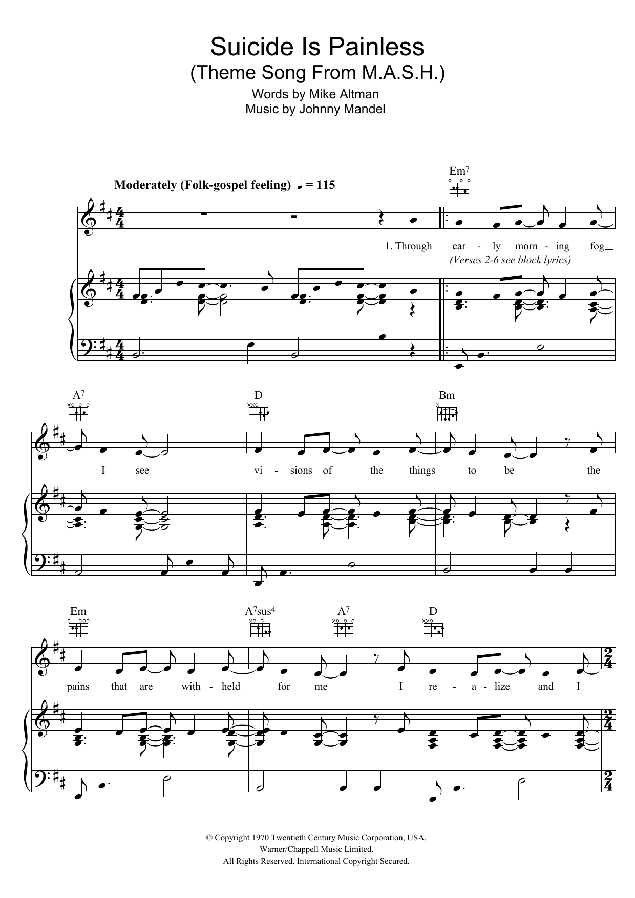 Download Johnny Mandel Song From M*A*S*H (Suicide Is Painless) Sheet Music and learn how to play Piano PDF digital score in minutes