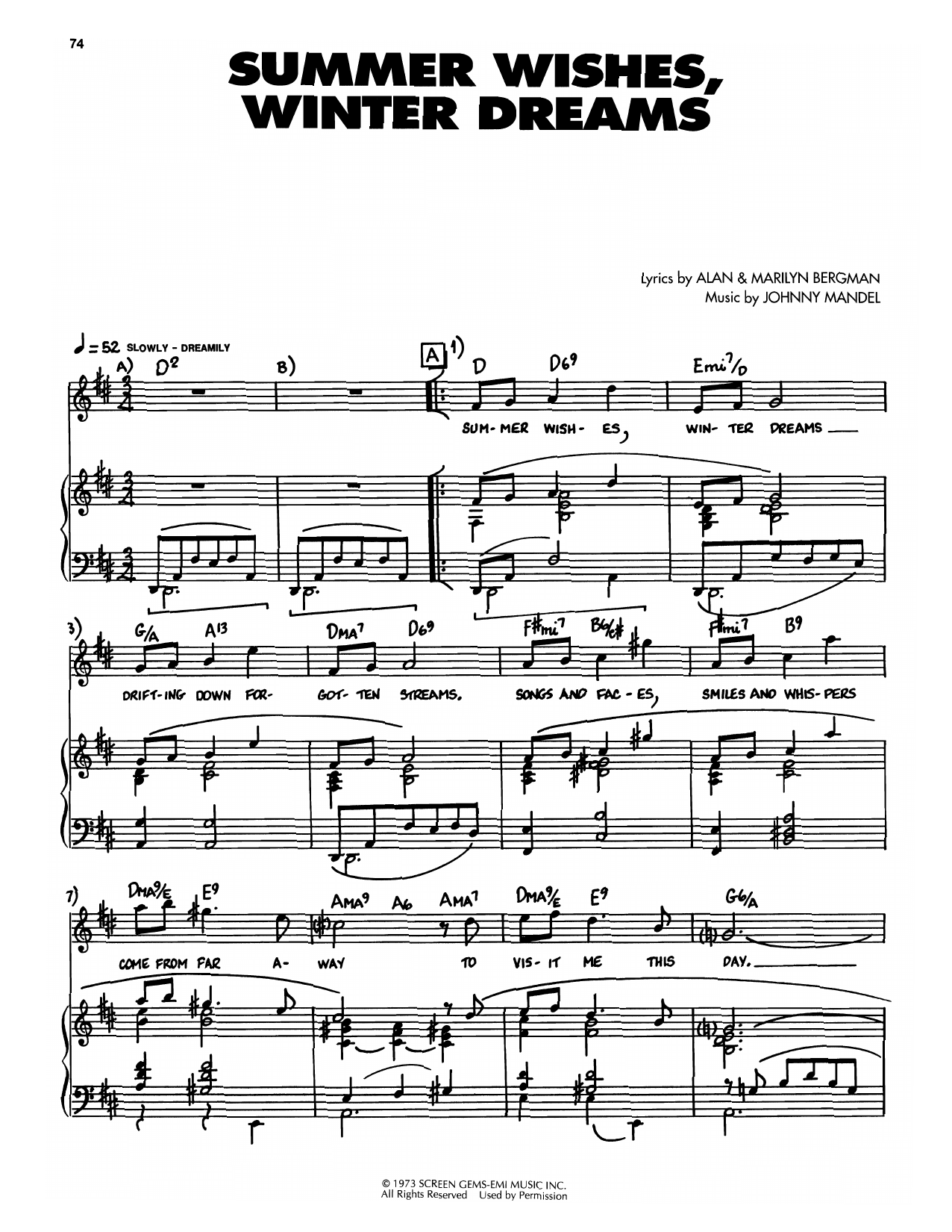 Download Johnny Mandel Summer Wishes, Winter Dreams Sheet Music and learn how to play Piano, Vocal & Guitar Chords (Right-Hand Melody) PDF digital score in minutes