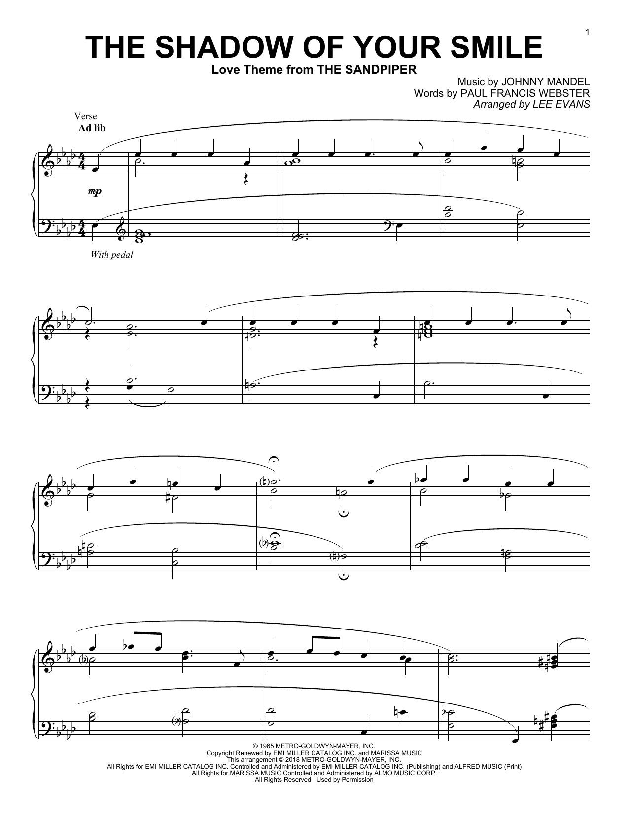 Download Johnny Mandel The Shadow Of Your Smile (arr. Lee Evans) Sheet Music and learn how to play Piano Solo PDF digital score in minutes