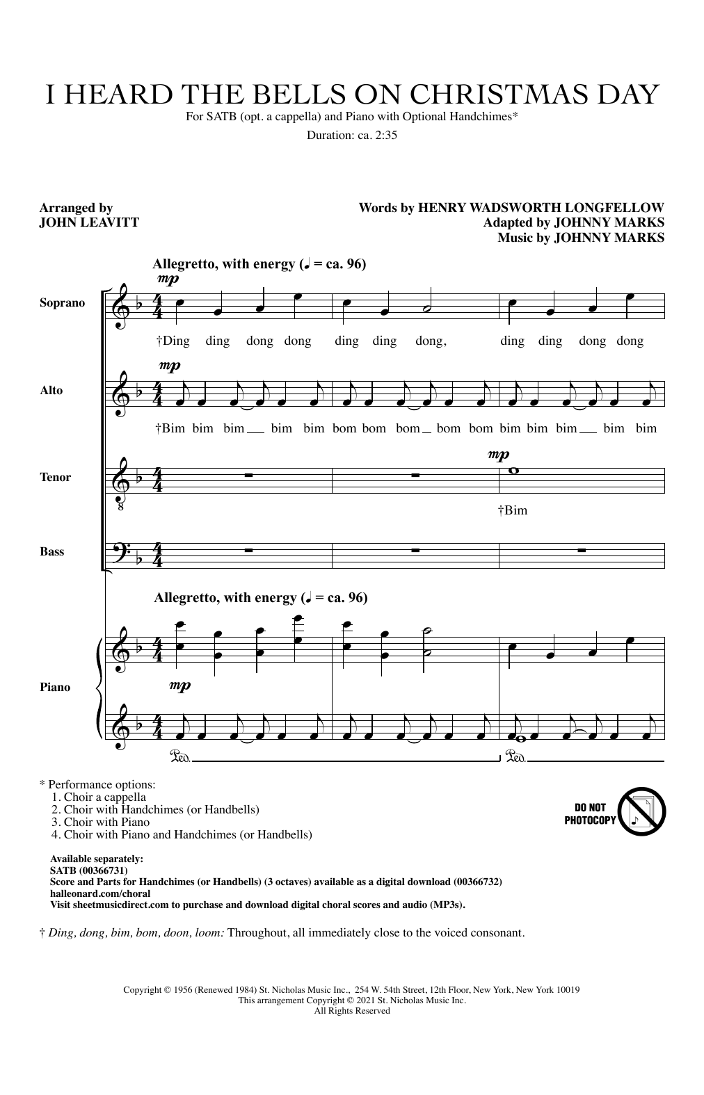 Download Johnny Marks I Heard The Bells On Christmas Day (arr. John Leavitt) Sheet Music and learn how to play SATB Choir PDF digital score in minutes
