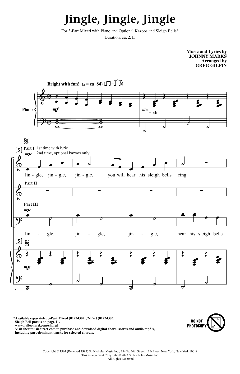 Download Johnny Marks Jingle, Jingle, Jingle (arr. Greg Gilpin) Sheet Music and learn how to play 3-Part Mixed Choir PDF digital score in minutes