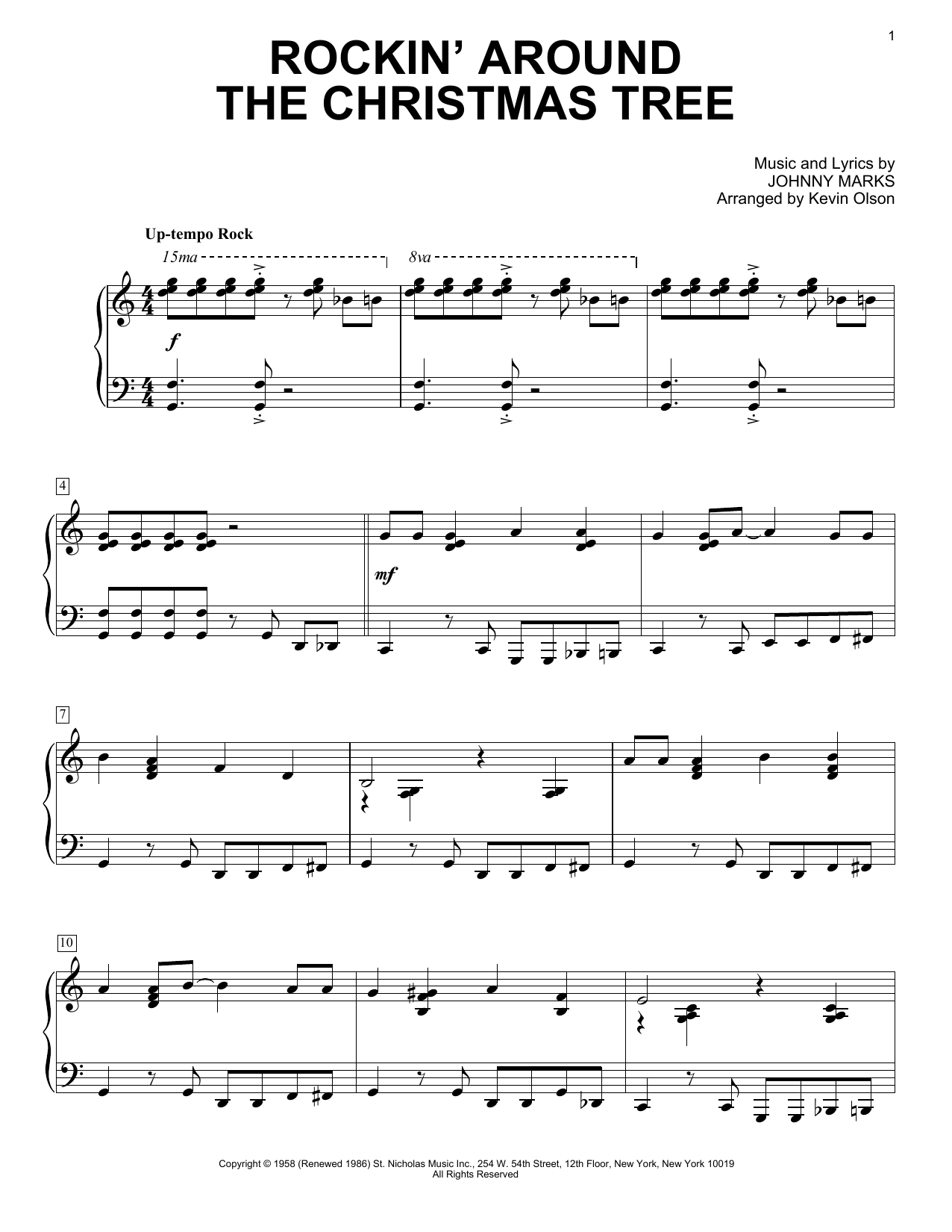 Download Johnny Marks Rockin' Around The Christmas Tree (arr. Kevin Olson) Sheet Music and learn how to play Easy Piano Solo PDF digital score in minutes