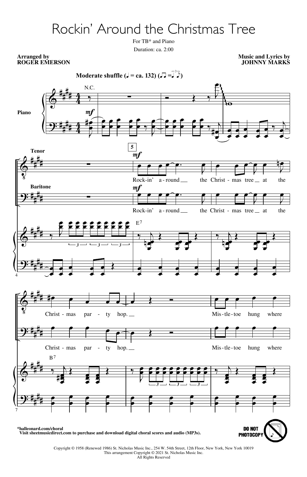 Download Johnny Marks Rockin' Around The Christmas Tree (arr. Roger Emerson) Sheet Music and learn how to play TB Choir PDF digital score in minutes