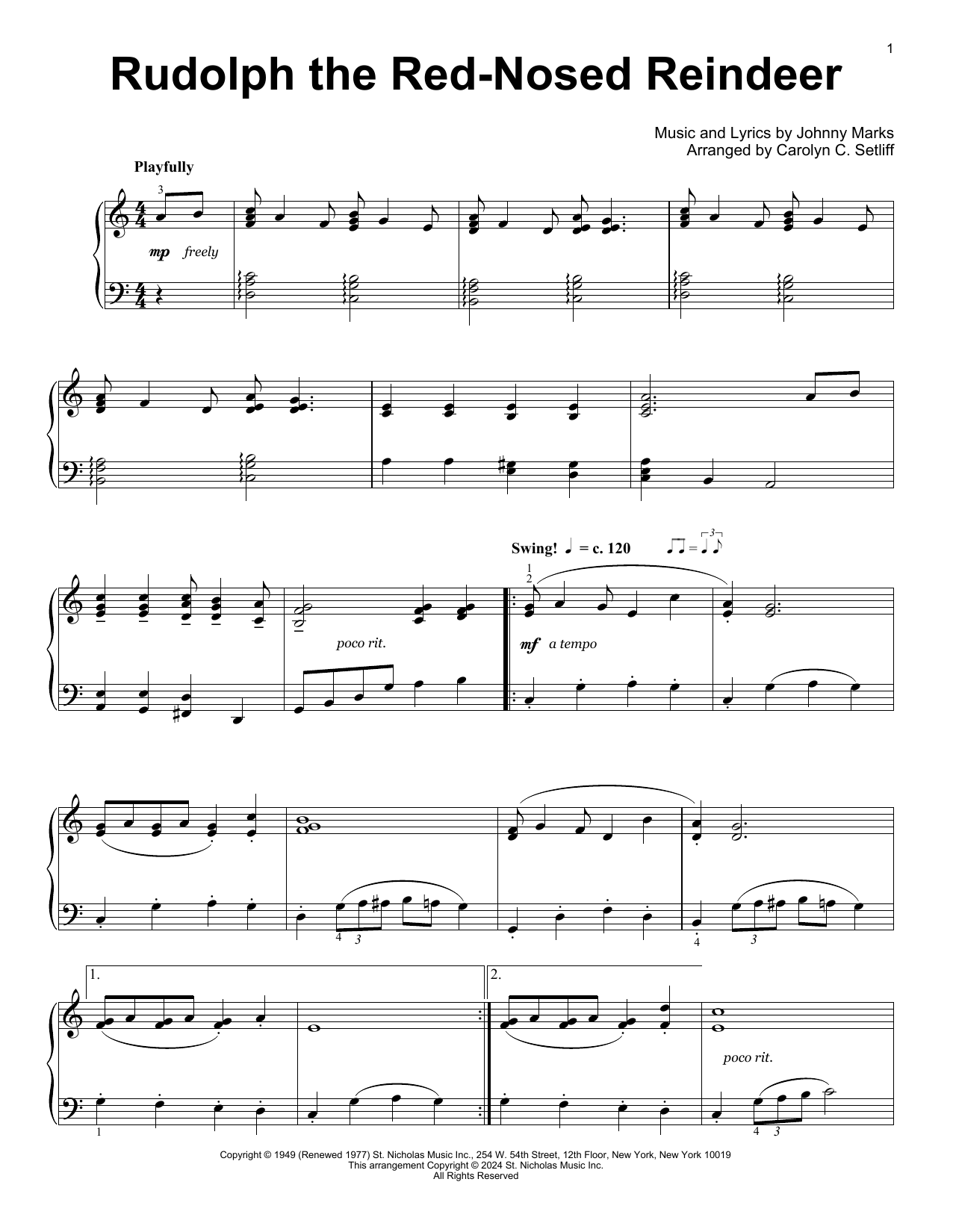 Download Johnny Marks Rudolph The Red-Nosed Reindeer (arr. Carolyn C. Setliff) Sheet Music and learn how to play Educational Piano PDF digital score in minutes