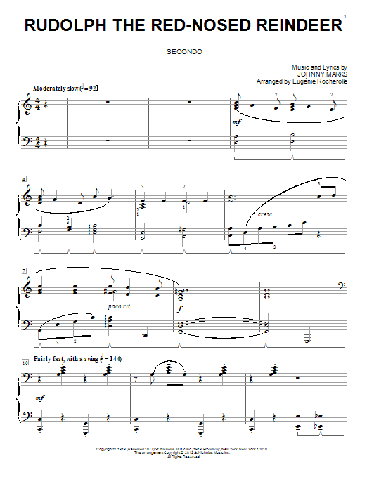Download Eugenie Rocherolle Rudolph The Red-Nosed Reindeer Sheet Music and learn how to play Piano Duet PDF digital score in minutes