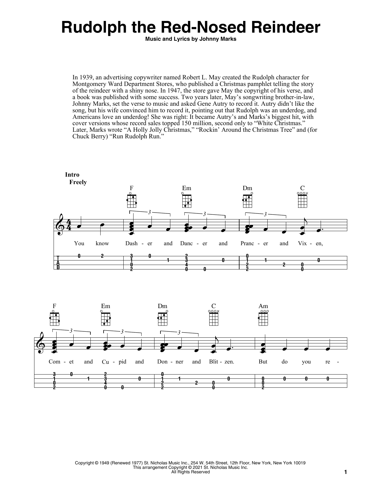 Download Johnny Marks Rudolph The Red-Nosed Reindeer (arr. Fred Sokolow) Sheet Music and learn how to play Ukulele PDF digital score in minutes