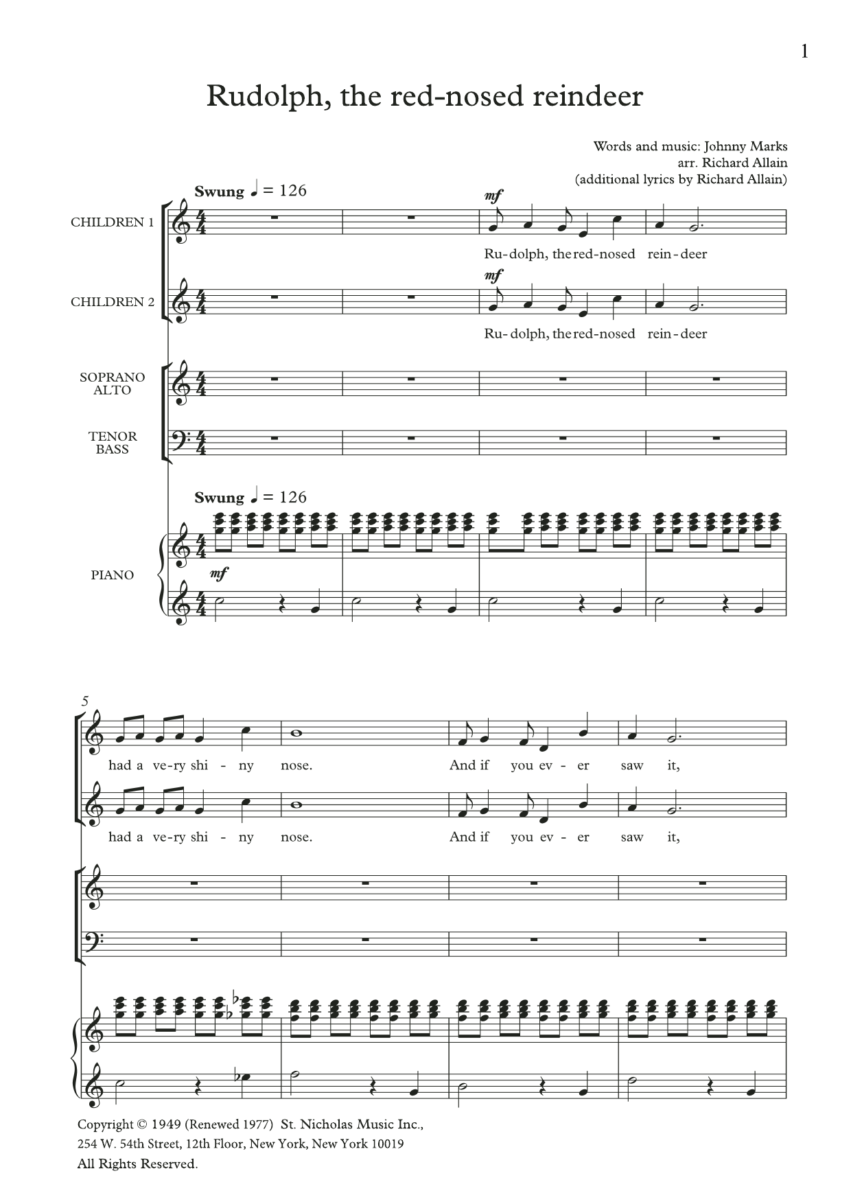 Download Johnny Marks Rudolph The Red-Nosed Reindeer (arr. Richard Allain) Sheet Music and learn how to play SATB Choir PDF digital score in minutes