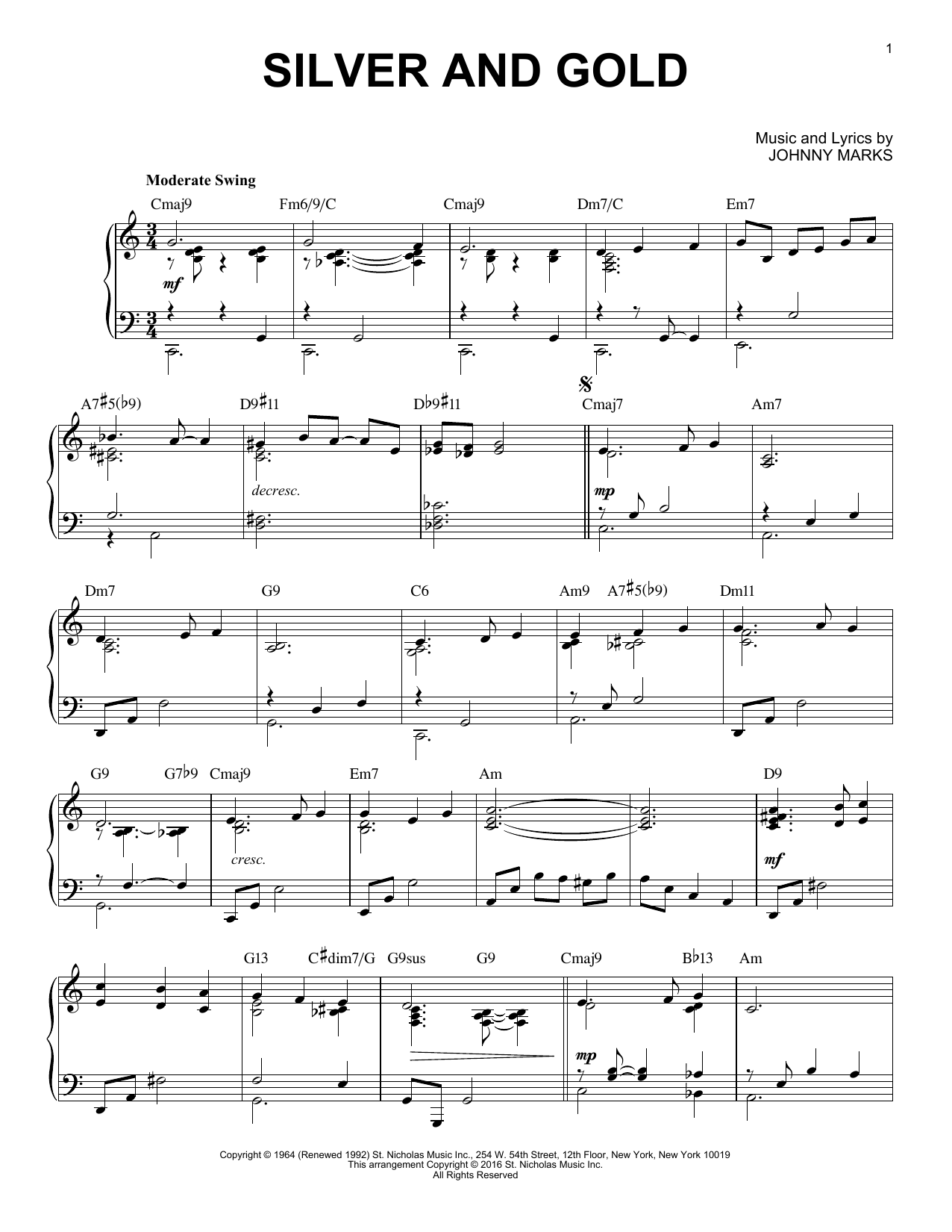 Download Johnny Marks Silver And Gold Sheet Music and learn how to play Piano PDF digital score in minutes
