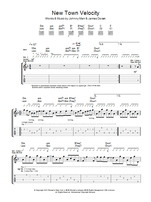 Download Johnny Marr New Town Velocity Sheet Music and learn how to play Guitar Tab PDF digital score in minutes