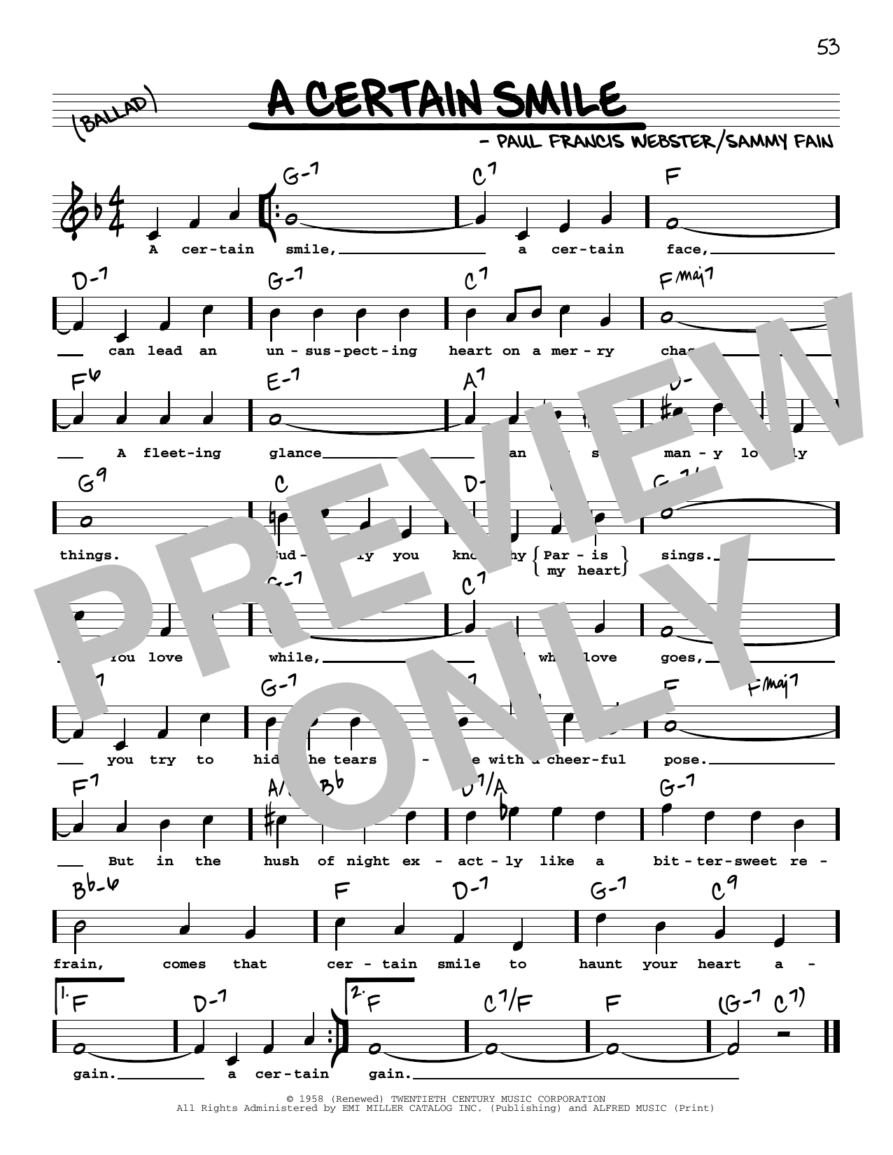 Download Johnny Mathis A Certain Smile (High Voice) Sheet Music and learn how to play Real Book – Melody, Lyrics & Chords PDF digital score in minutes