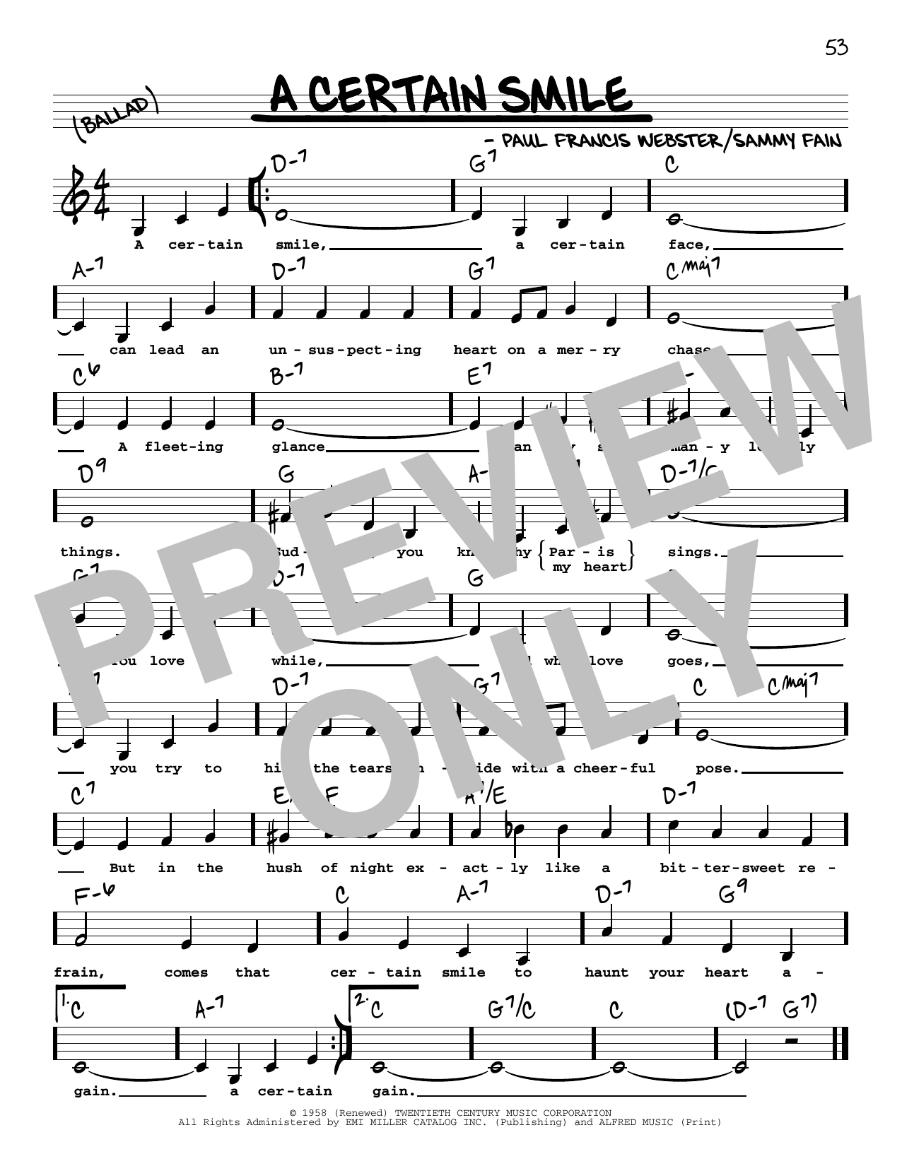 Download Johnny Mathis A Certain Smile (Low Voice) Sheet Music and learn how to play Real Book – Melody, Lyrics & Chords PDF digital score in minutes