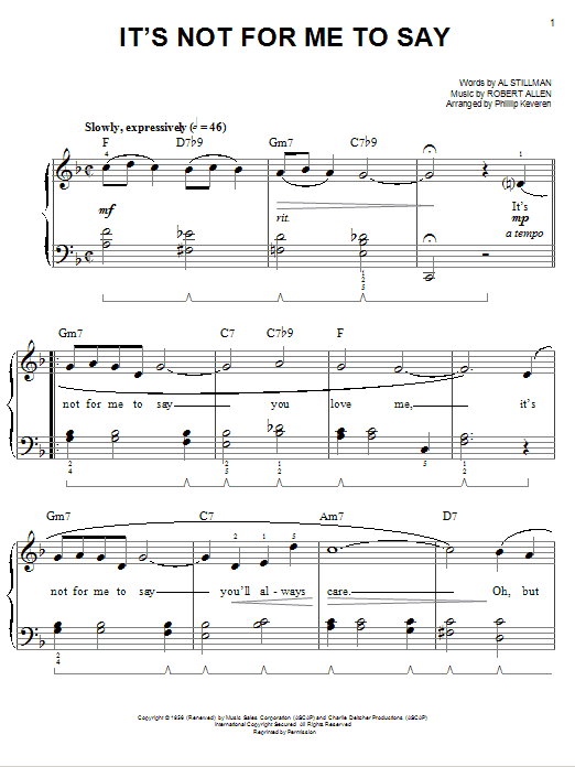 Download Johnny Mathis It's Not For Me To Say Sheet Music and learn how to play Easy Piano PDF digital score in minutes