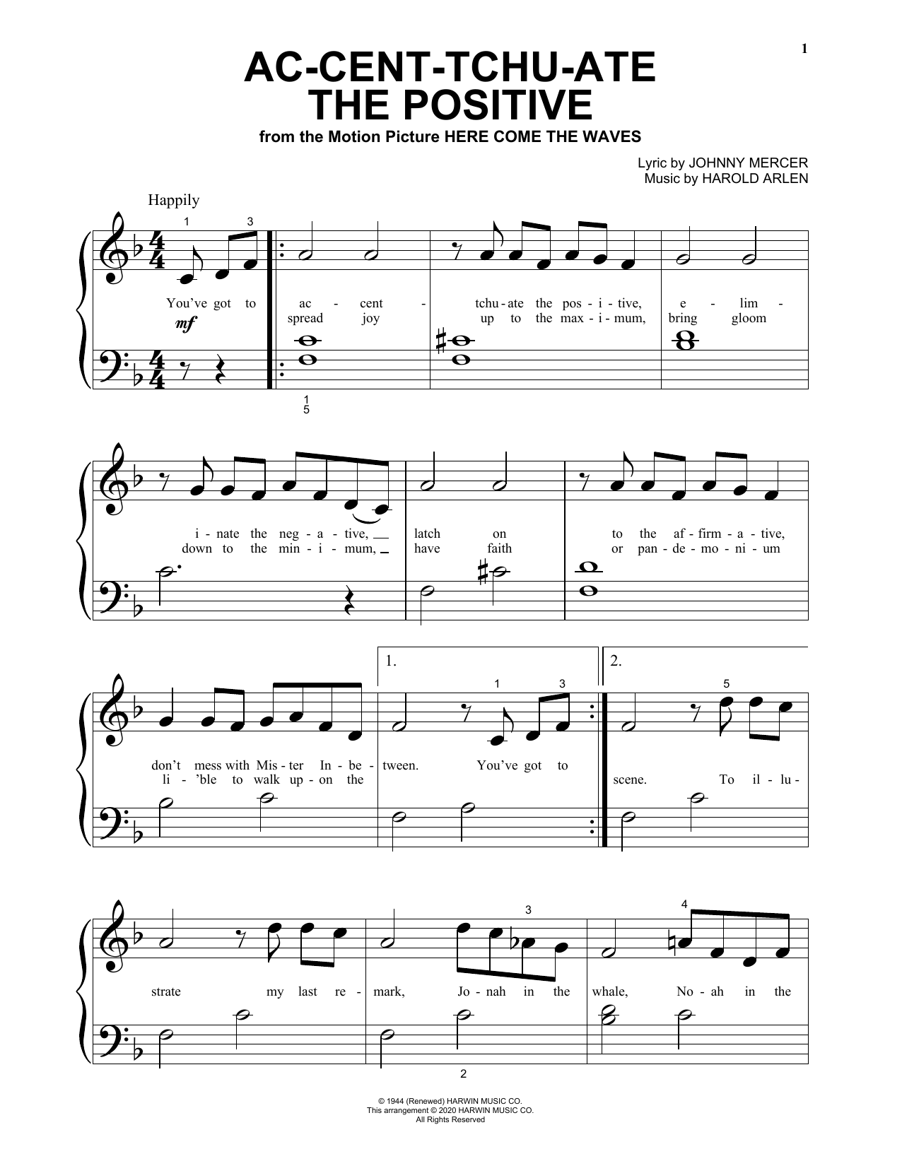 Download Johnny Mercer & Harold Arlen Ac-cent-tchu-ate The Positive (from Here Come the Waves) Sheet Music and learn how to play Big Note Piano PDF digital score in minutes