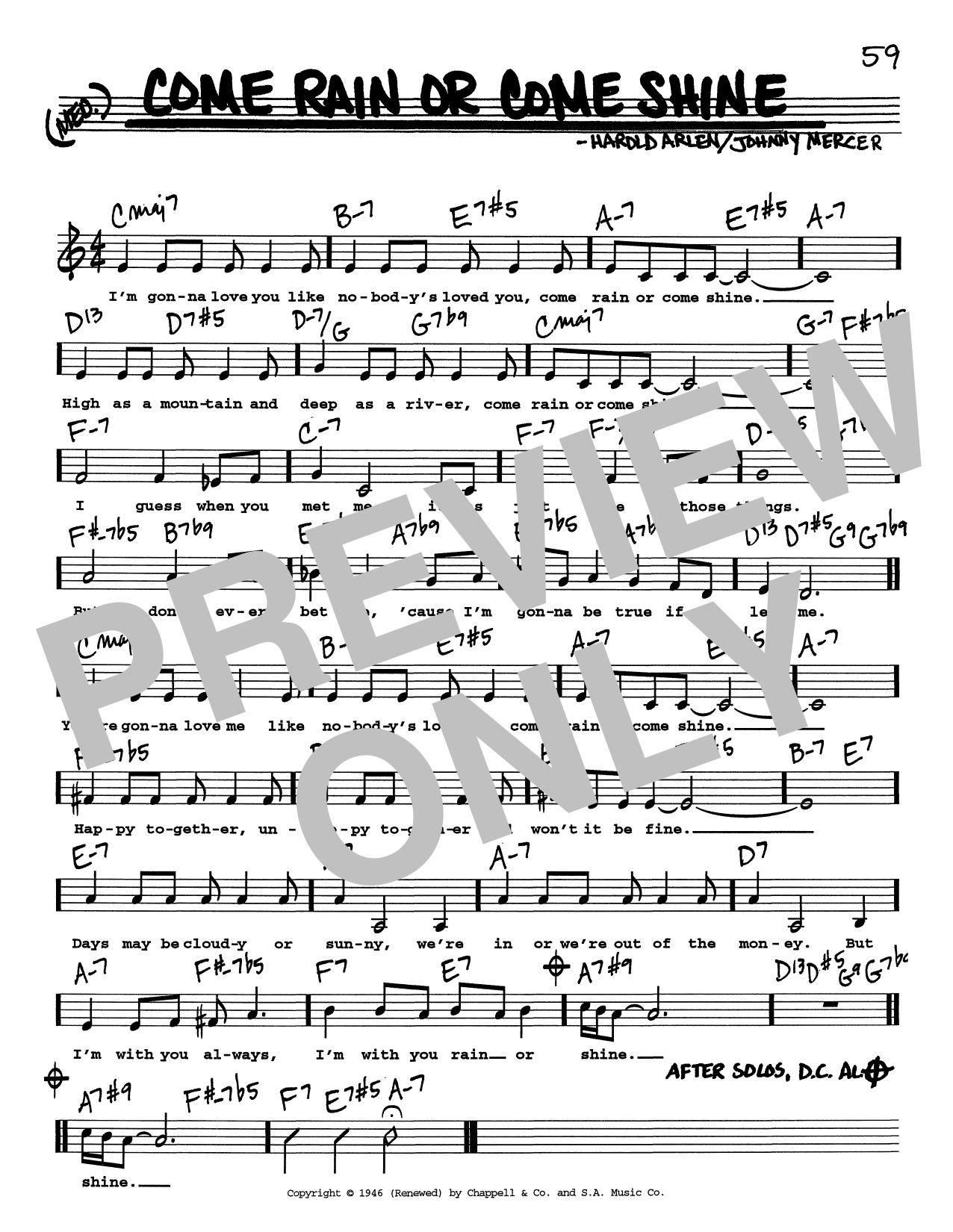 Download Johnny Mercer & Harold Arlen Come Rain Or Come Shine (Low Voice) Sheet Music and learn how to play Real Book – Melody, Lyrics & Chords PDF digital score in minutes