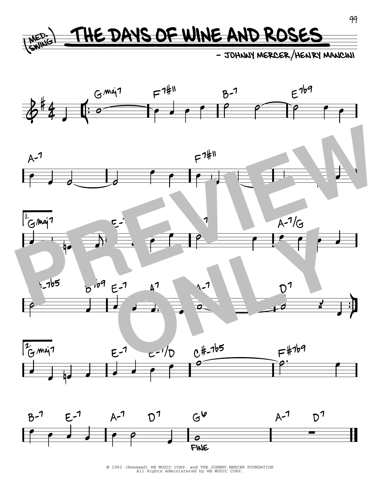 Download Johnny Mercer & Henry Mancini Days Of Wine And Roses Sheet Music and learn how to play Real Book – Melody & Chords PDF digital score in minutes
