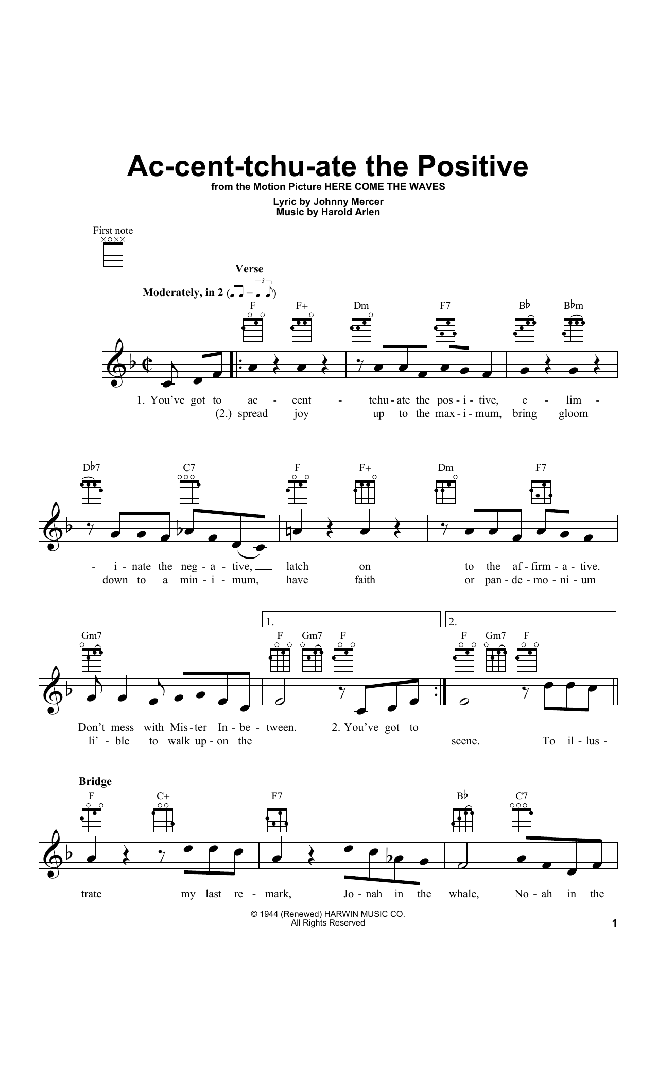Download Johnny Mercer Ac-cent-tchu-ate The Positive Sheet Music and learn how to play Ukulele PDF digital score in minutes