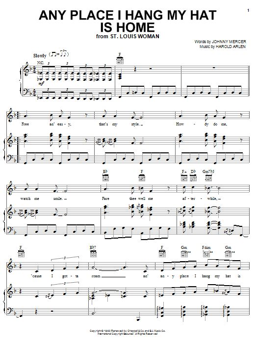 Download Johnny Mercer Any Place I Hang My Hat Is Home Sheet Music and learn how to play Piano, Vocal & Guitar (Right-Hand Melody) PDF digital score in minutes