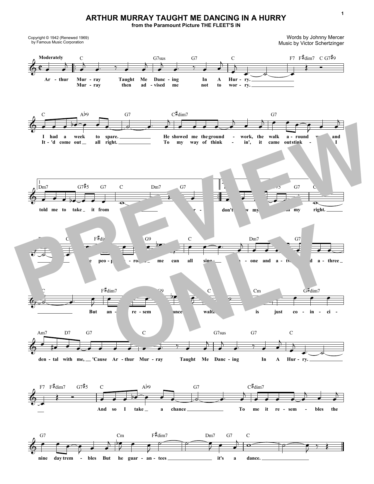 Download Johnny Mercer Arthur Murray Taught Me Dancing In A Hurry Sheet Music and learn how to play Melody Line, Lyrics & Chords PDF digital score in minutes