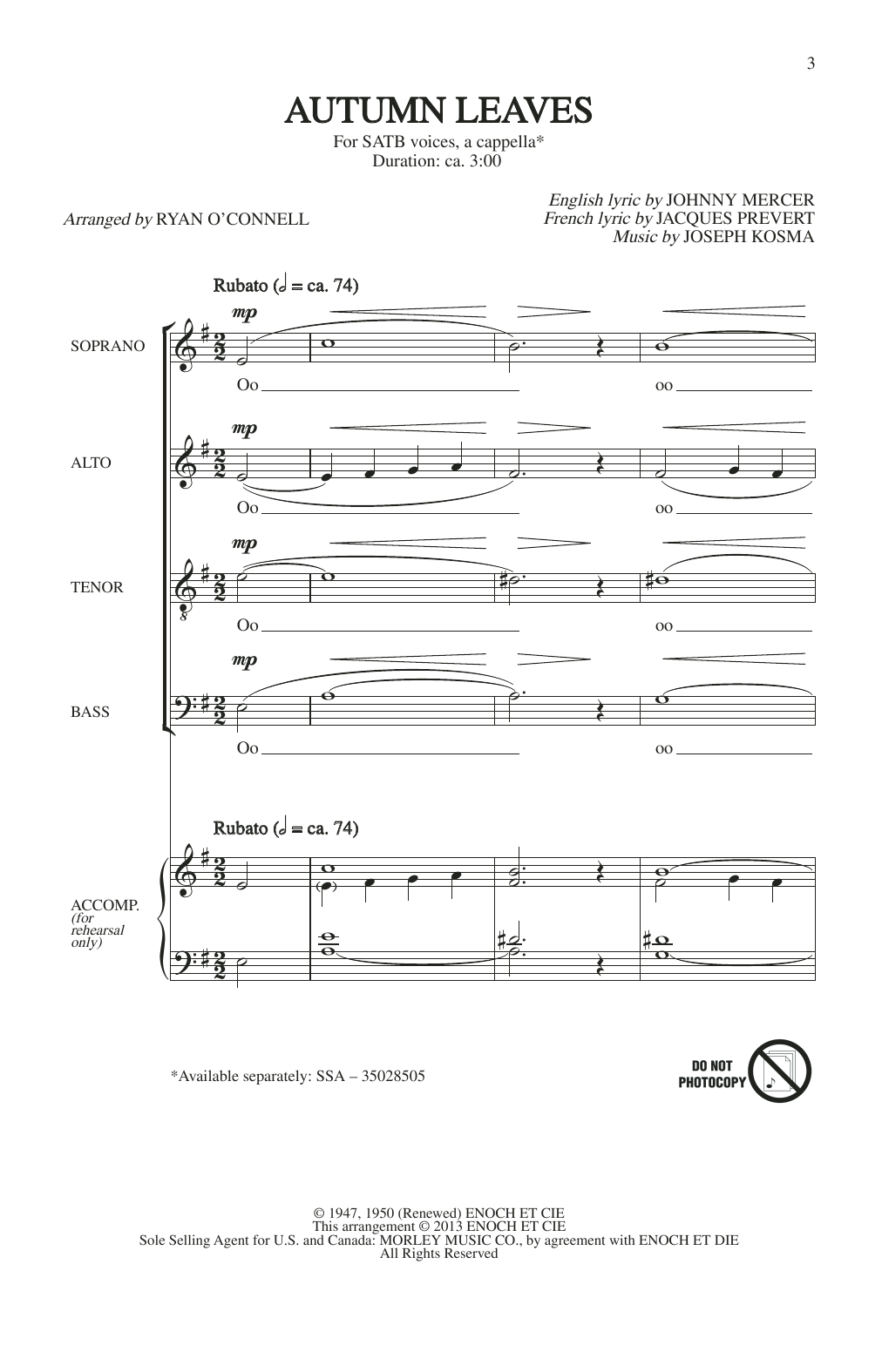 Download Johnny Mercer Autumn Leaves (arr. Ryan O'Connell) Sheet Music and learn how to play SSA Choir PDF digital score in minutes