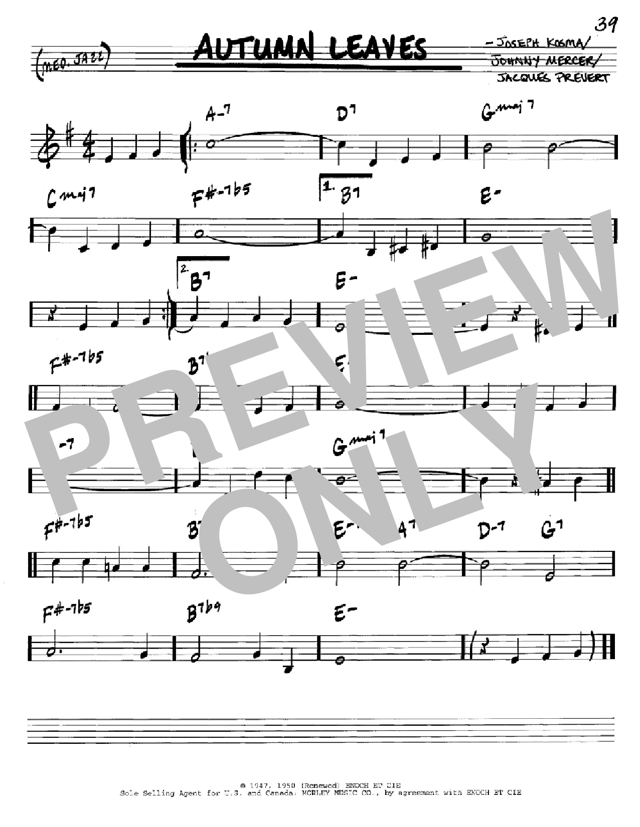 Download Johnny Mercer Autumn Leaves Sheet Music and learn how to play Real Book - Melody, Lyrics & Chords - C Instruments PDF digital score in minutes