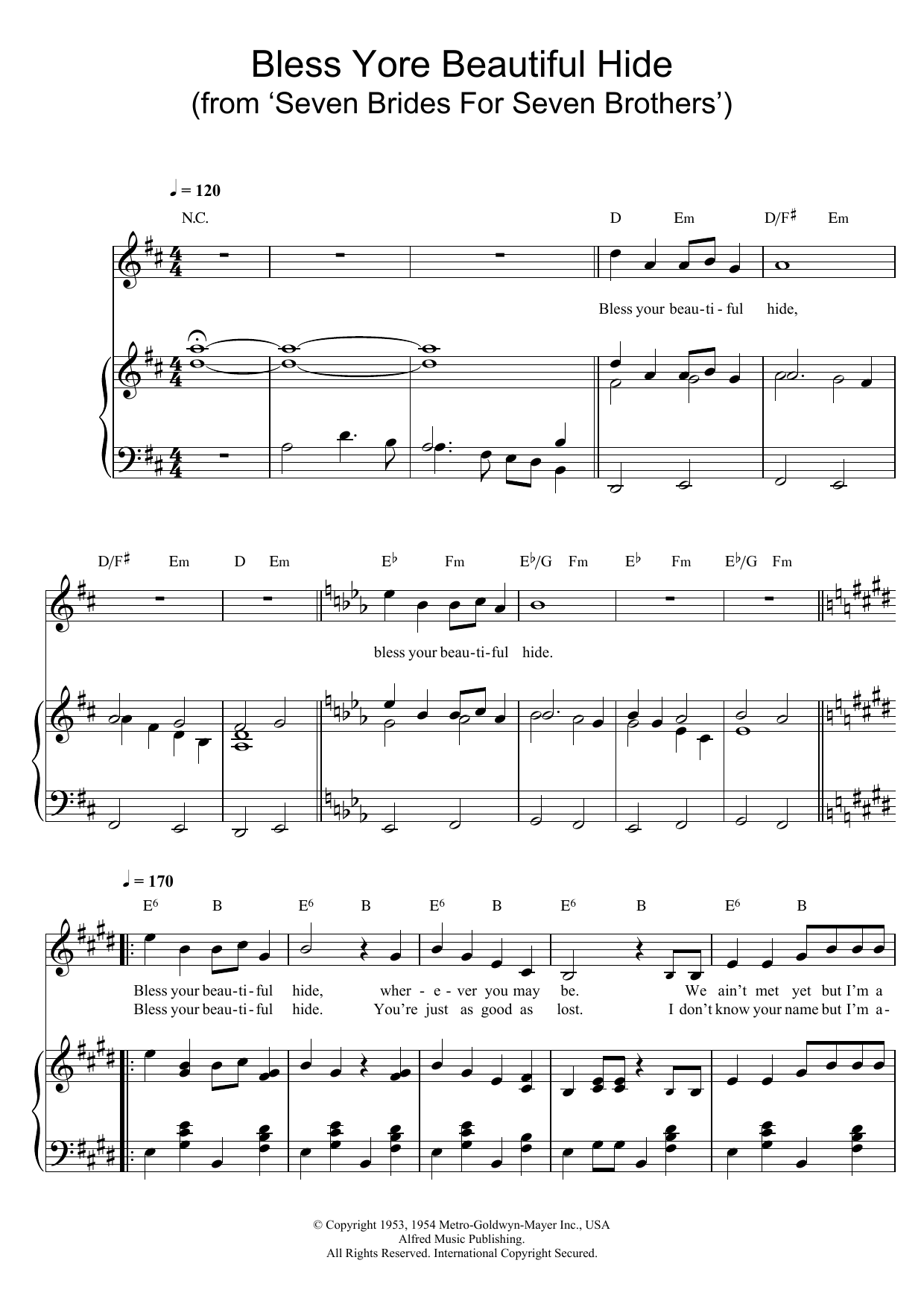 Download Johnny Mercer Bless Yore Beautiful Hide (from 'Seven Brides For Seven Brothers') Sheet Music and learn how to play Piano, Vocal & Guitar (Right-Hand Melody) PDF digital score in minutes