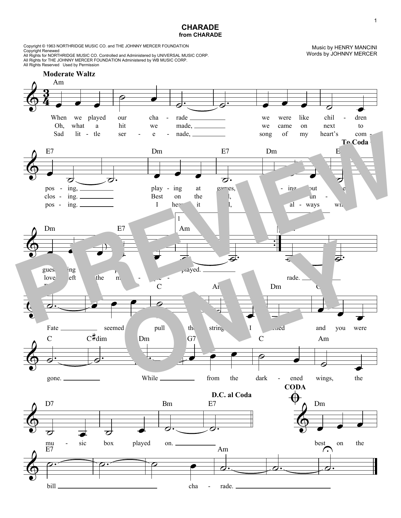 Download Johnny Mercer Charade Sheet Music and learn how to play Melody Line, Lyrics & Chords PDF digital score in minutes