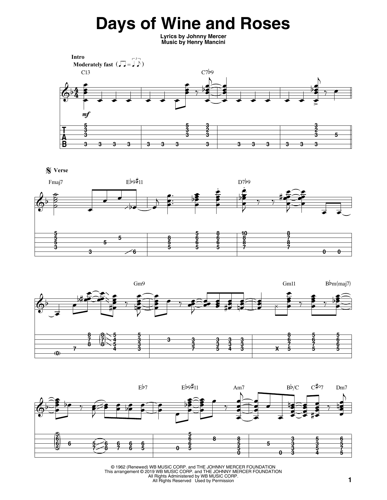 Download Johnny Mercer Days Of Wine And Roses (arr. Bill LaFleur) Sheet Music and learn how to play Solo Guitar PDF digital score in minutes