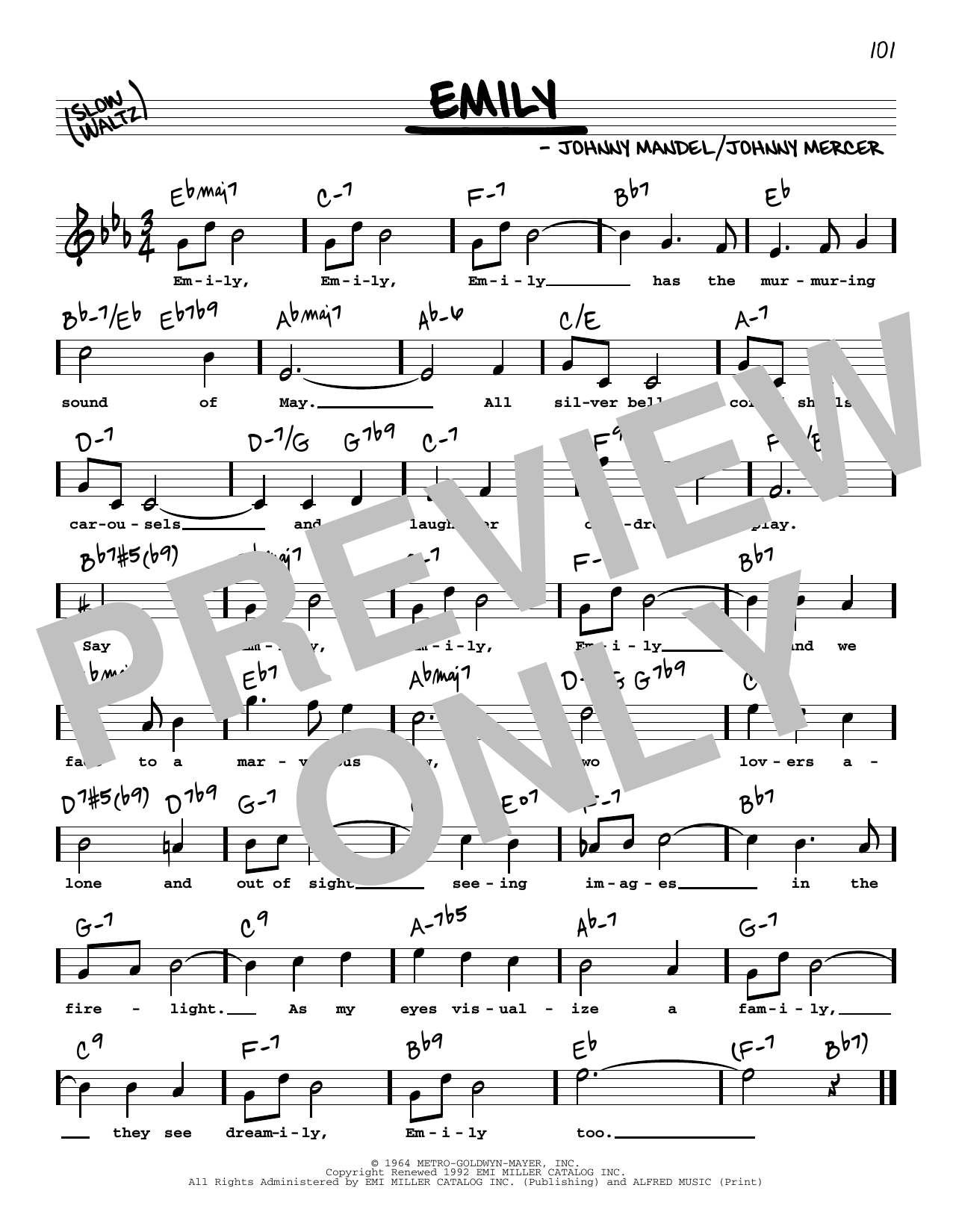 Download Johnny Mercer Emily (High Voice) (from The Americanization of Emily) Sheet Music and learn how to play Real Book – Melody, Lyrics & Chords PDF digital score in minutes