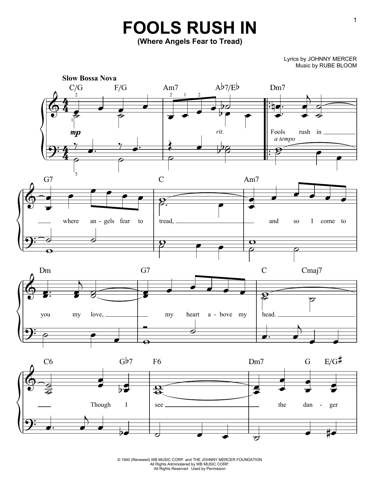 Download Johnny Mercer Fools Rush In (Where Angels Fear To Tread) Sheet Music and learn how to play Easy Piano PDF digital score in minutes