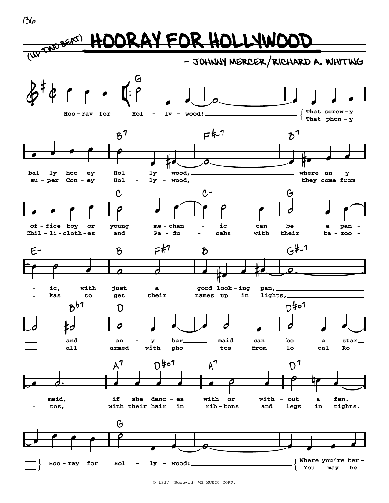 Download Johnny Mercer Hooray For Hollywood (High Voice) Sheet Music and learn how to play Real Book – Melody, Lyrics & Chords PDF digital score in minutes
