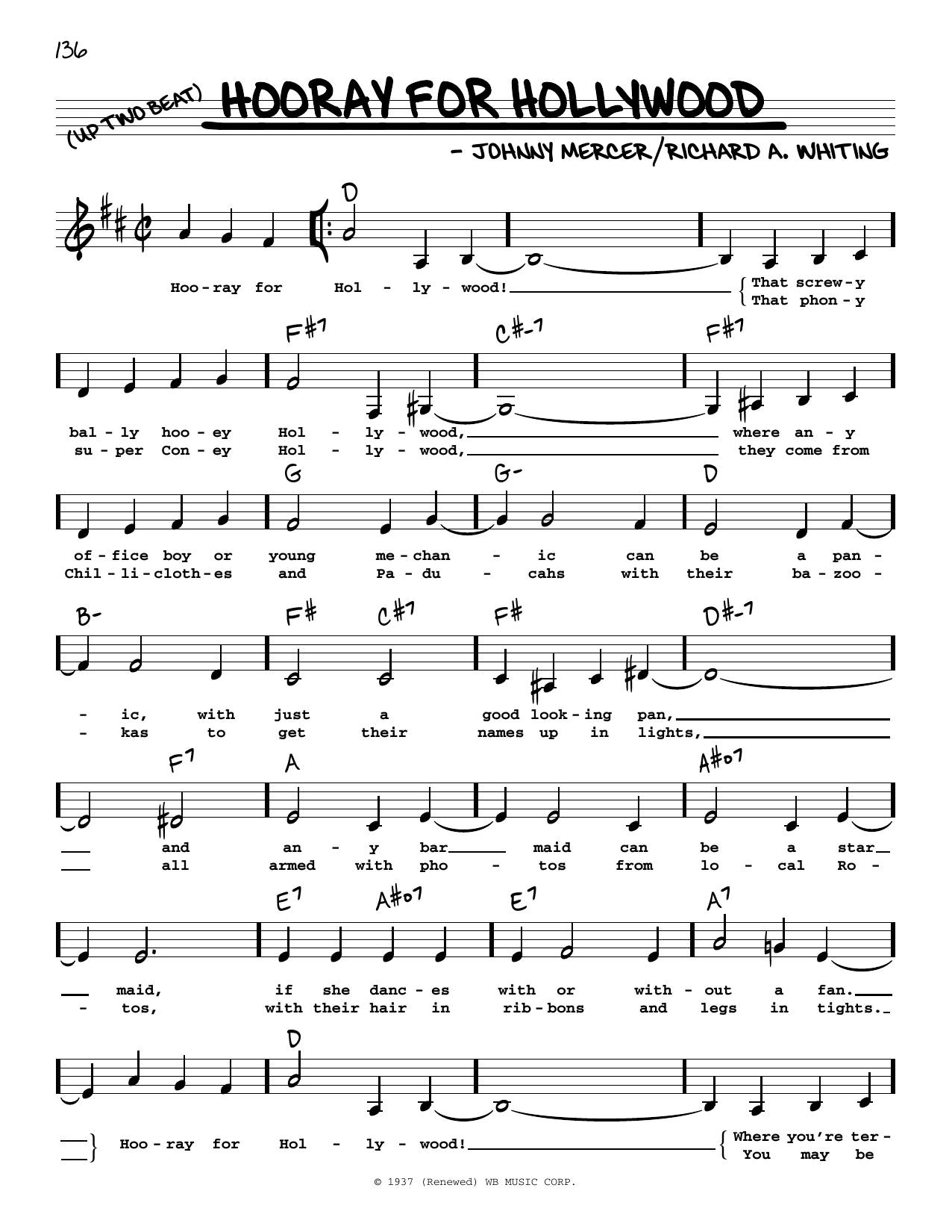 Download Johnny Mercer Hooray For Hollywood (Low Voice) Sheet Music and learn how to play Real Book – Melody, Lyrics & Chords PDF digital score in minutes