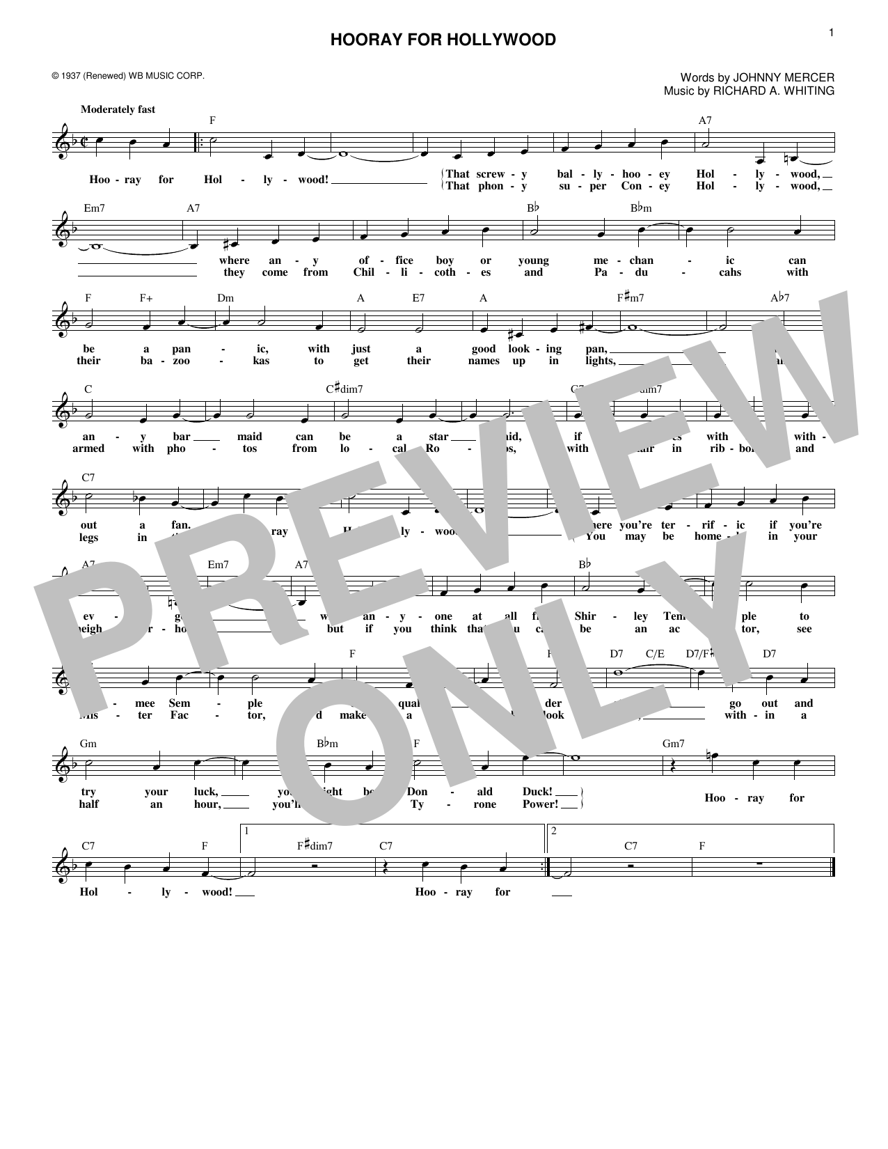 Download Johnny Mercer Hooray For Hollywood Sheet Music and learn how to play Melody Line, Lyrics & Chords PDF digital score in minutes