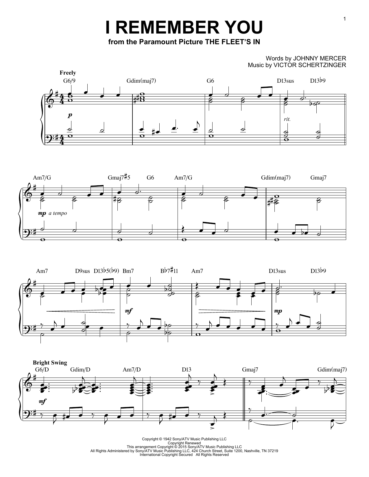 Download Johnny Mercer I Remember You Sheet Music and learn how to play Piano PDF digital score in minutes