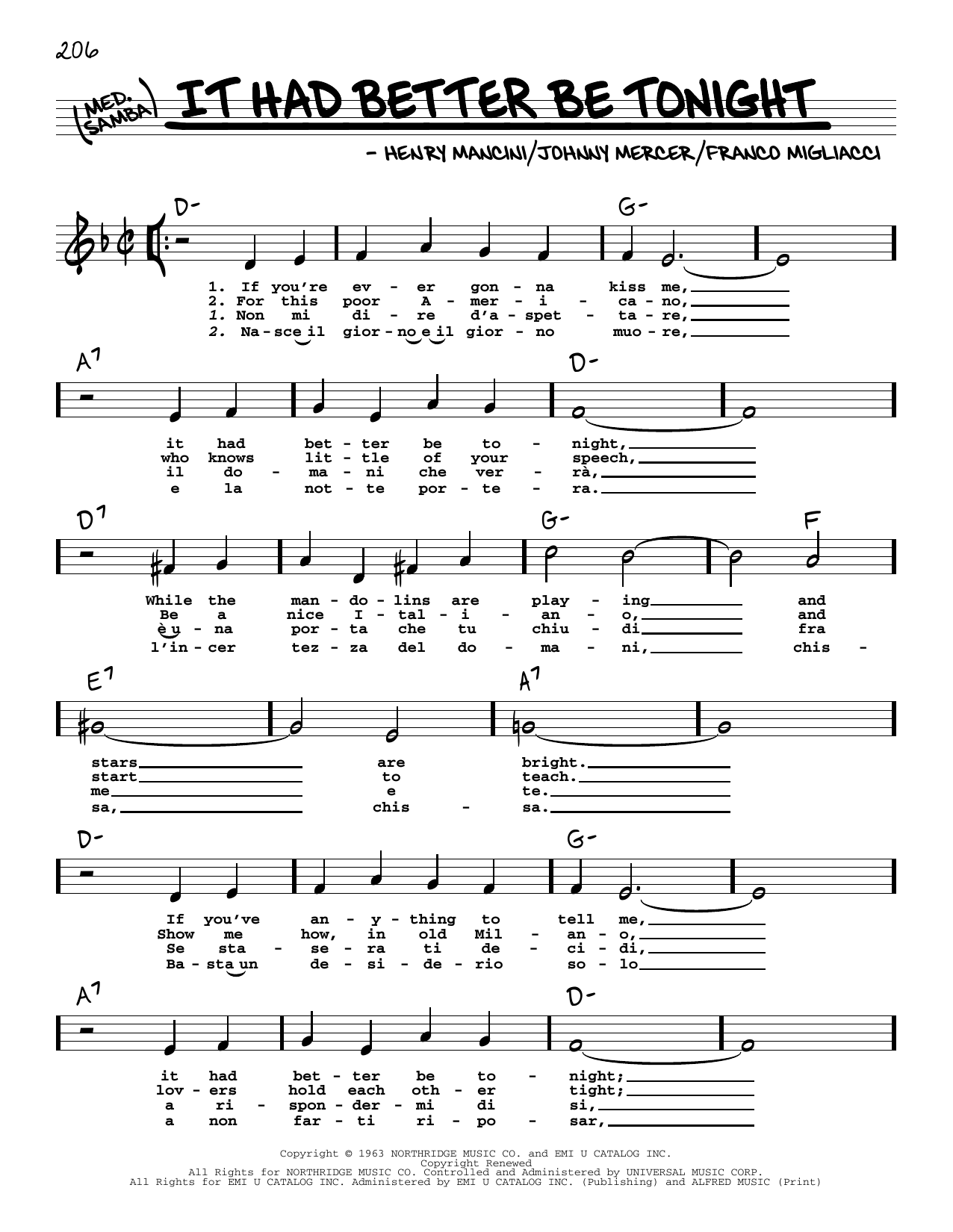 Download Johnny Mercer It Had Better Be Tonight (High Voice) Sheet Music and learn how to play Real Book – Melody, Lyrics & Chords PDF digital score in minutes