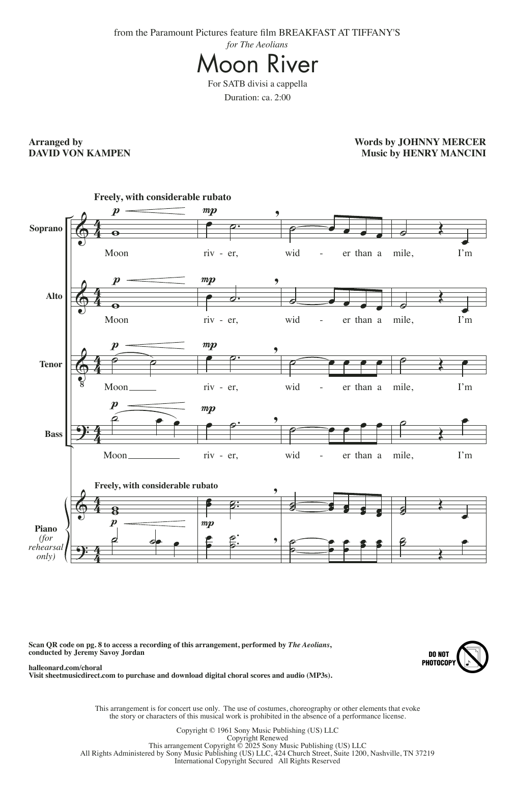 Download Johnny Mercer Moon River (from Breakfast At Tiffany's) (arr. David von Kampen) Sheet Music and learn how to play SATB Choir PDF digital score in minutes