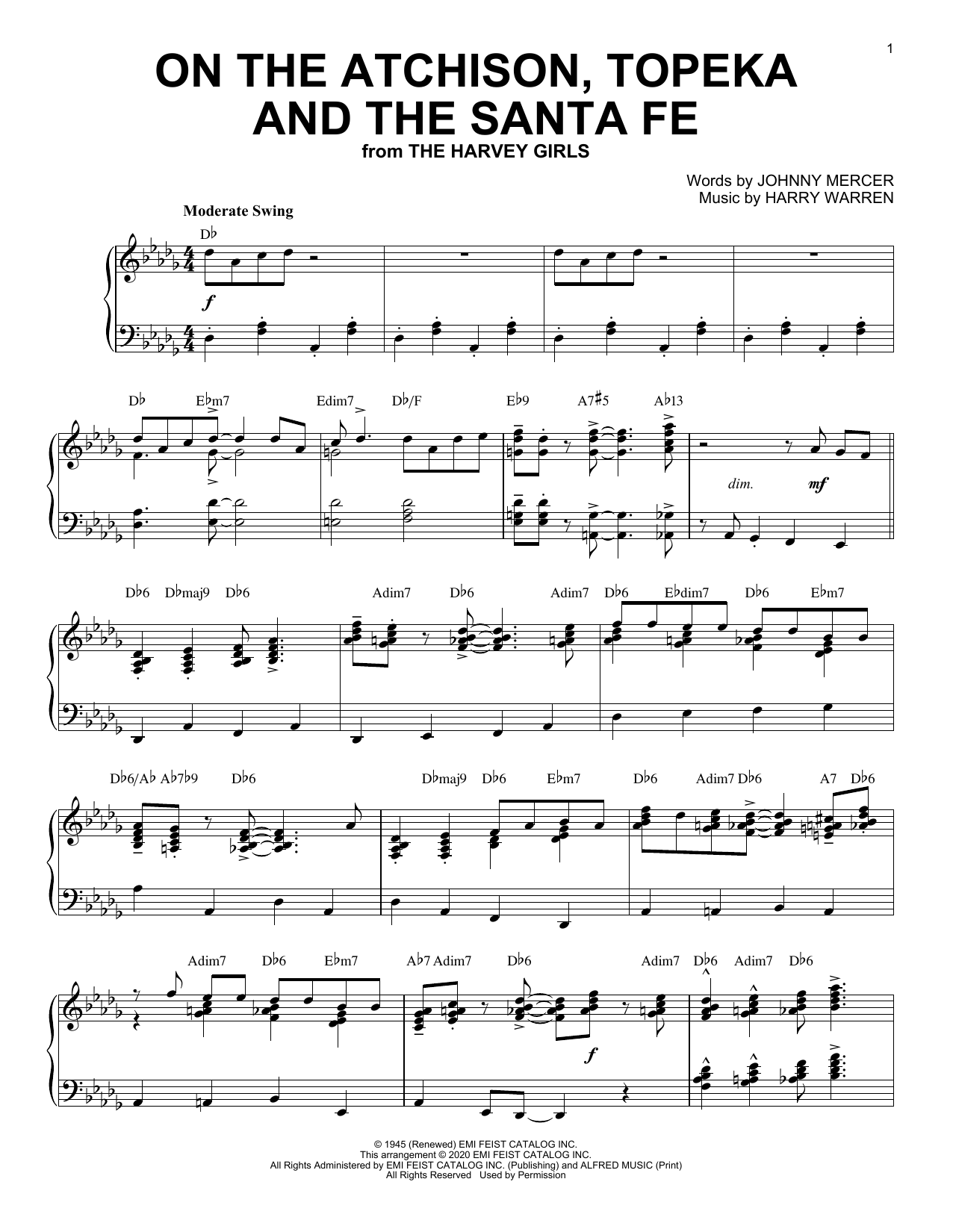 Download Johnny Mercer On The Atchison, Topeka And The Santa Fe [Jazz version] (arr. Brent Edstrom) Sheet Music and learn how to play Piano Solo PDF digital score in minutes