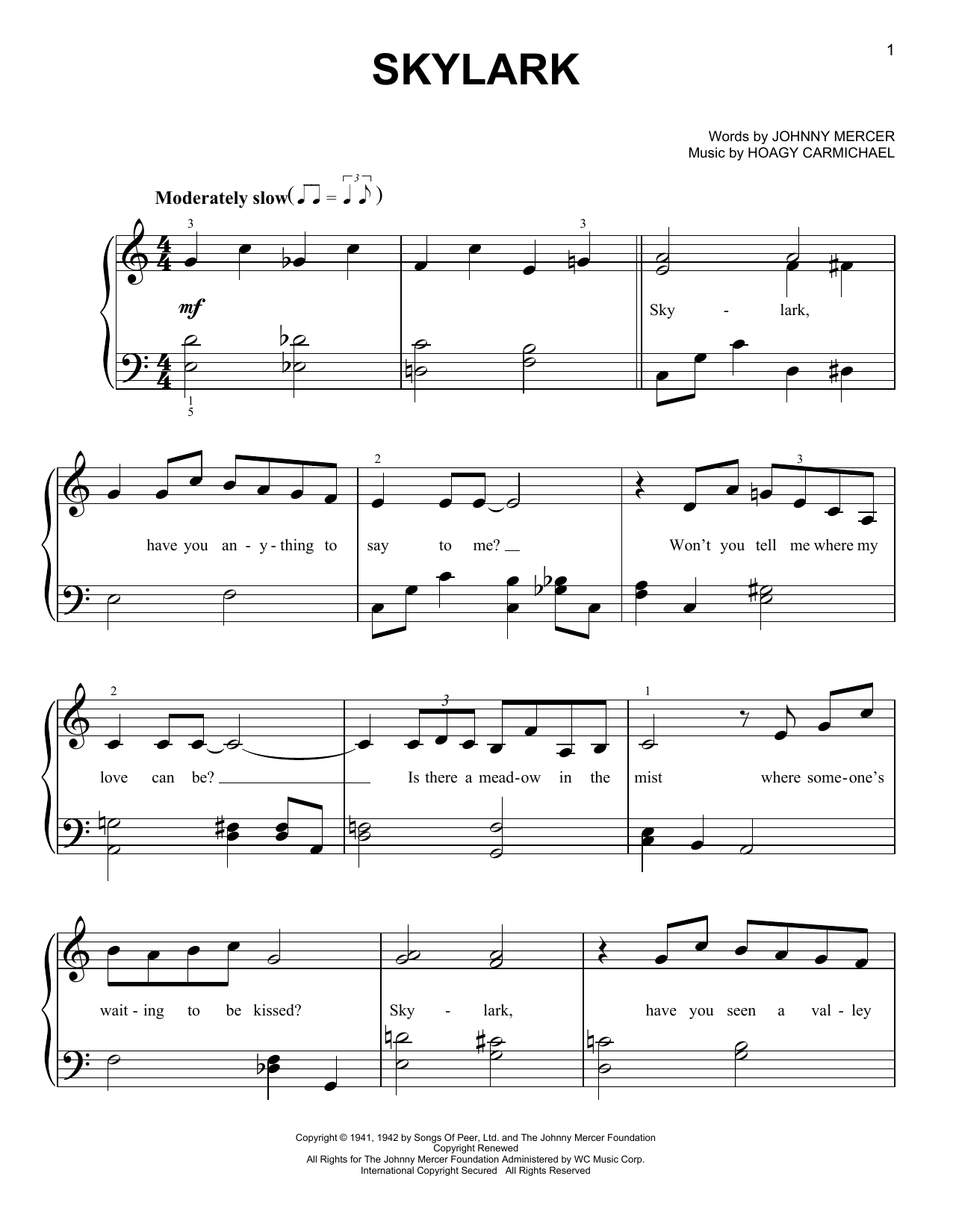 Download Johnny Mercer Skylark Sheet Music and learn how to play Very Easy Piano PDF digital score in minutes
