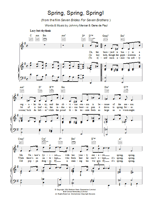 Download Johnny Mercer Spring, Spring, Spring! Sheet Music and learn how to play Piano, Vocal & Guitar (Right-Hand Melody) PDF digital score in minutes
