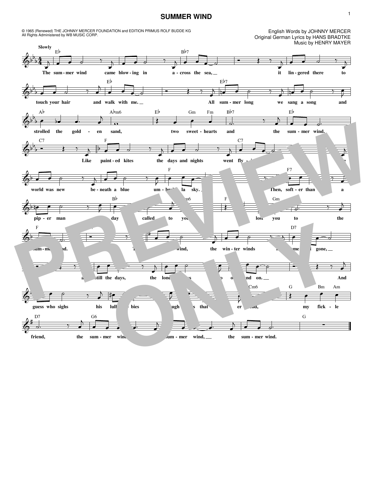 Download Johnny Mercer Summer Wind Sheet Music and learn how to play Melody Line, Lyrics & Chords PDF digital score in minutes