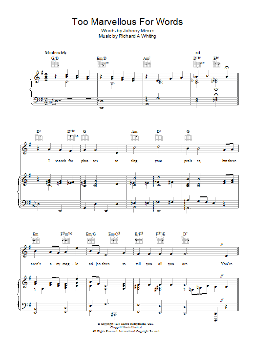 Download Johnny Mercer Too Marvellous For Words Sheet Music and learn how to play Piano, Vocal & Guitar (Right-Hand Melody) PDF digital score in minutes