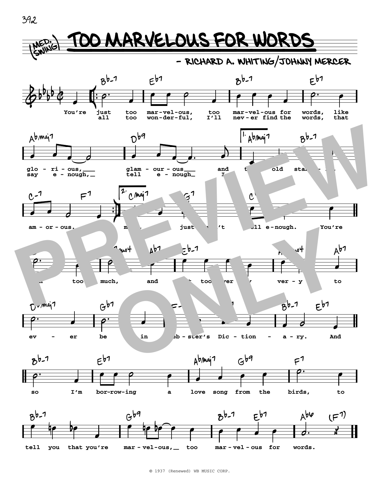 Download Johnny Mercer Too Marvelous For Words (High Voice) Sheet Music and learn how to play Real Book – Melody, Lyrics & Chords PDF digital score in minutes