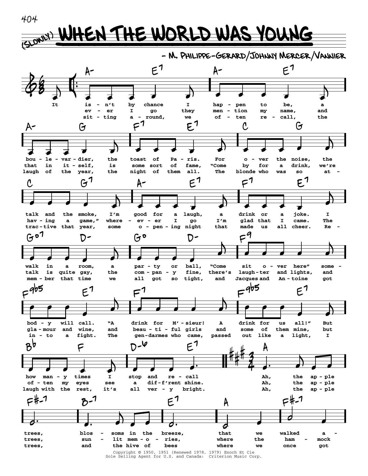 Download Johnny Mercer When The World Was Young (Low Voice) Sheet Music and learn how to play Real Book – Melody, Lyrics & Chords PDF digital score in minutes