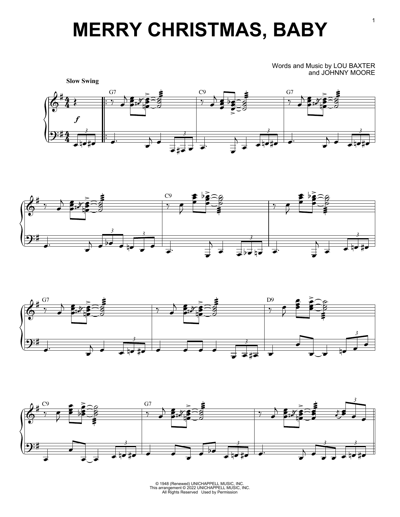 Download Johnny Moore Merry Christmas, Baby (arr. Brent Edstrom) Sheet Music and learn how to play Piano Solo PDF digital score in minutes