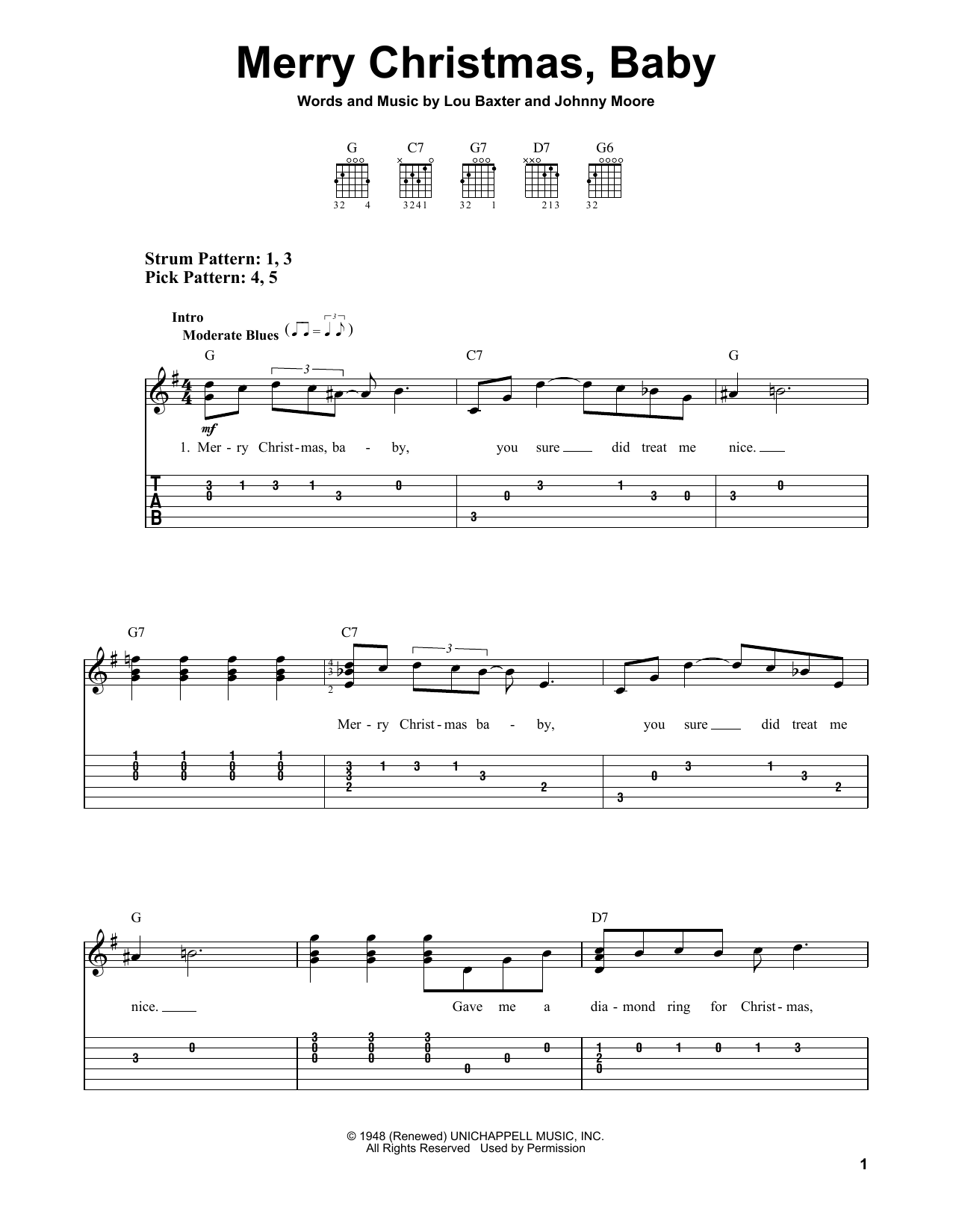 Download Johnny Moore Merry Christmas, Baby Sheet Music and learn how to play Easy Guitar Tab PDF digital score in minutes