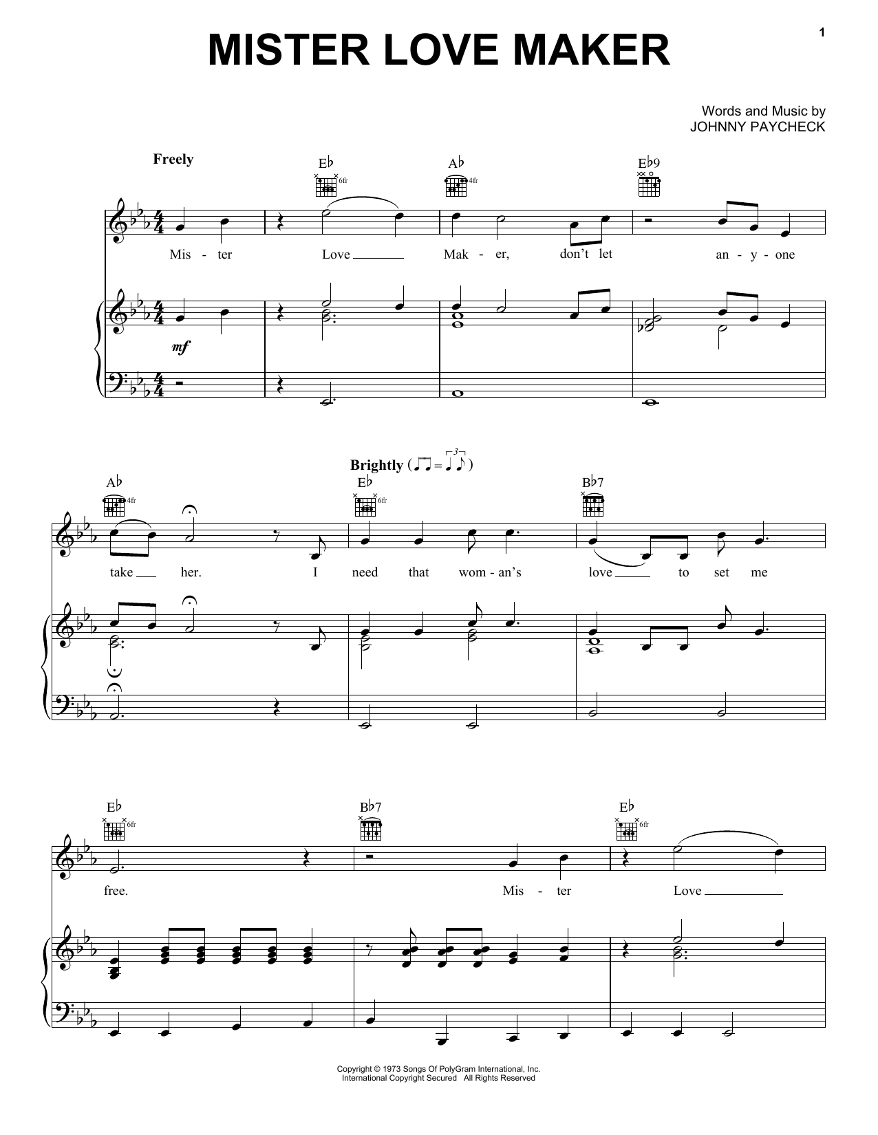 Download Johnny Paycheck Mister Love Maker Sheet Music and learn how to play Piano, Vocal & Guitar Chords (Right-Hand Melody) PDF digital score in minutes