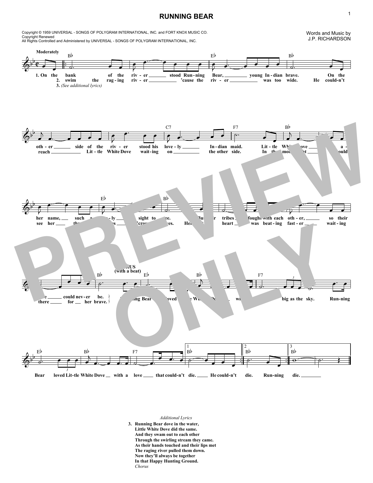 Download Johnny Preston Running Bear Sheet Music and learn how to play Melody Line, Lyrics & Chords PDF digital score in minutes