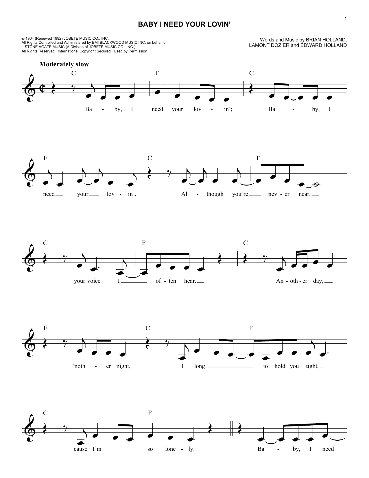 Download Johnny Rivers Baby I Need Your Lovin' Sheet Music and learn how to play Melody Line, Lyrics & Chords PDF digital score in minutes