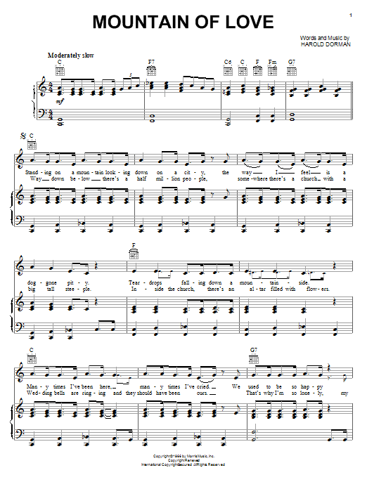 Download Charley Pride Mountain Of Love Sheet Music and learn how to play Piano, Vocal & Guitar (Right-Hand Melody) PDF digital score in minutes