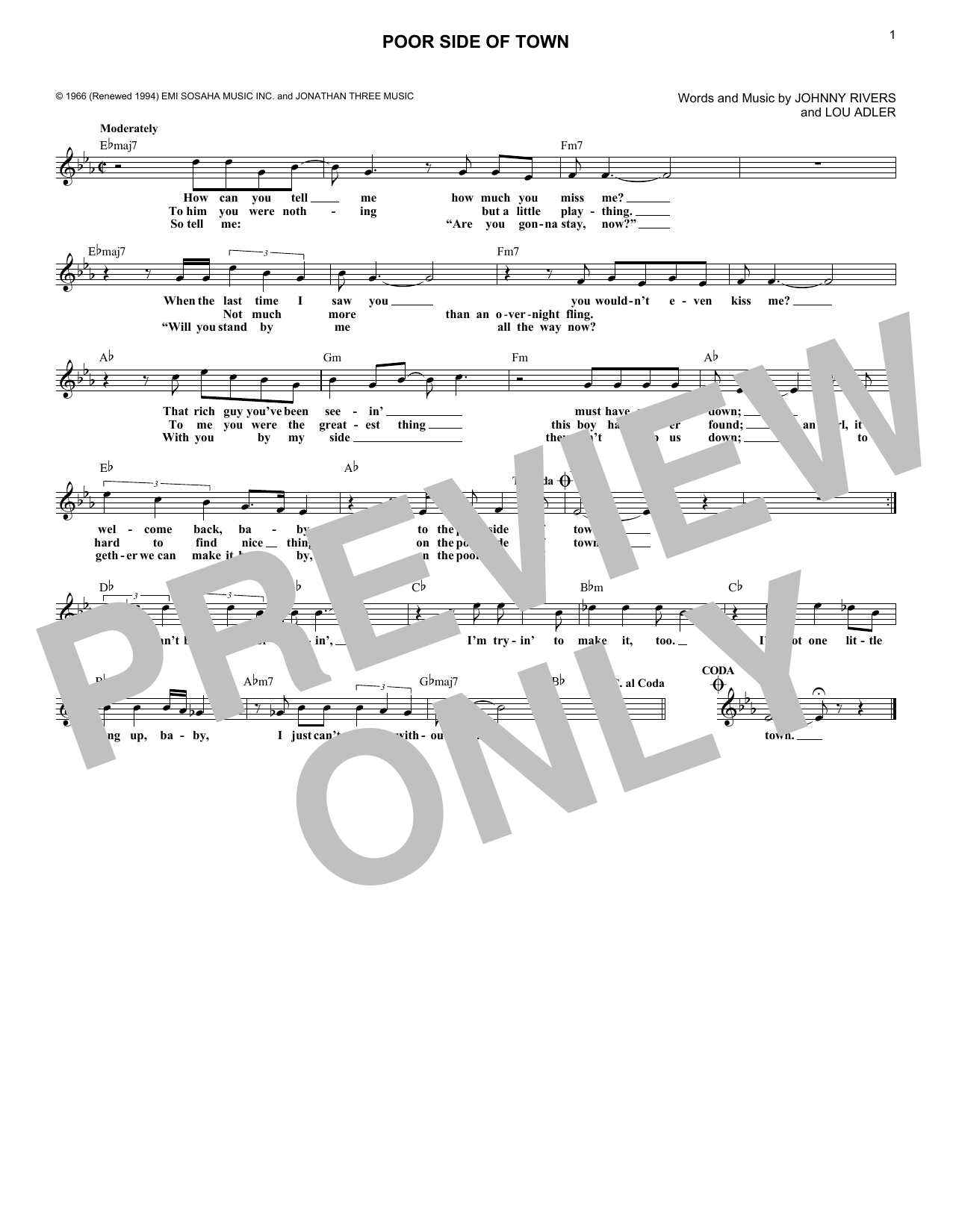 Download Johnny Rivers Poor Side Of Town Sheet Music and learn how to play Lead Sheet / Fake Book PDF digital score in minutes