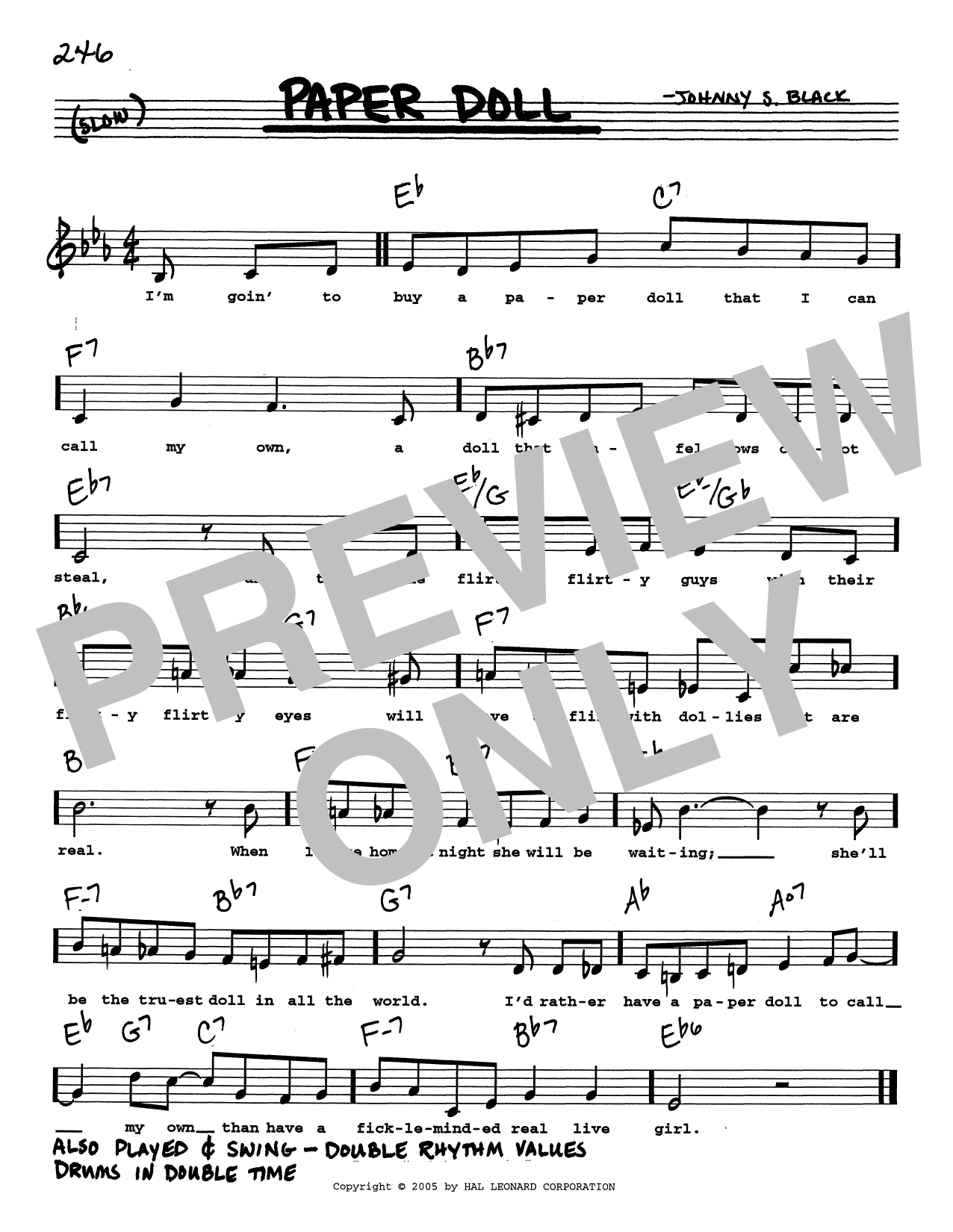 Download Johnny S. Black Paper Doll (Low Voice) Sheet Music and learn how to play Real Book – Melody, Lyrics & Chords PDF digital score in minutes